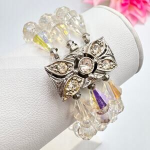 Vintage AB Beaded Bracelet Rhinestone Box Clasp Triple Strand Aurora Borealis